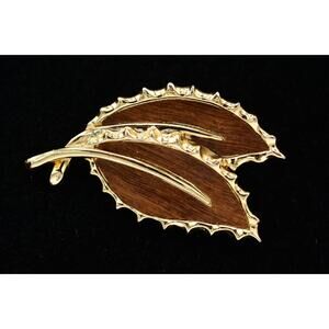 Sarah Cov Vintage Carved Wood Pin Brooch Leaf Leaves Brown Fall Autumn Bin5A